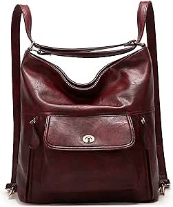 myfriday Vintage Leather Fashion Backpack Purse for Women Large Capacity Convertible Backpack Travel Daily Daypack (Burgundy)