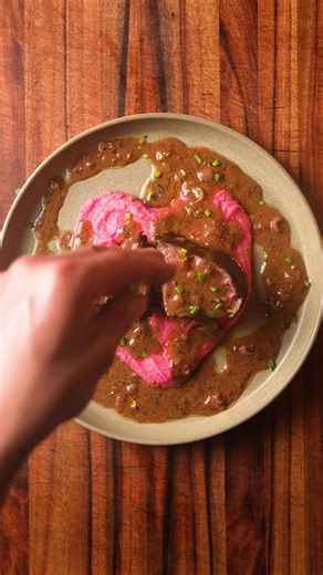 Filet Mignon w/ Silky Potatoes & Peppercorn Sauce Treat your girl this valentine ❤️‍🔥 For the filet Mignon 🥩 1. Season all over with salt and pepper 2. Place in the oven at 125c 3. At 44c internal pull and let rest for 5 mins 4. Place in a hot pan with tallow & sear each side (this should only take 1-2 minutes) 5. Add butter, rosemary, thyme & garlic & baste for 1 min 6. Slice in half and enjoy For the silky potatoes… 🥔 1. Add potatoes & 1 beet to a pot with cold water and salt 2. Bring to a 