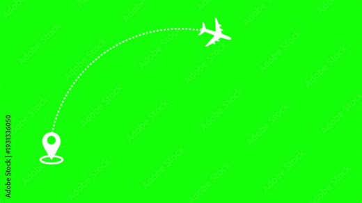 Airplane line path icon of airplane flight, travel flying route destination, air plane flight route with start point, Travel on airplane map simple animation background. green screen. 4k video.