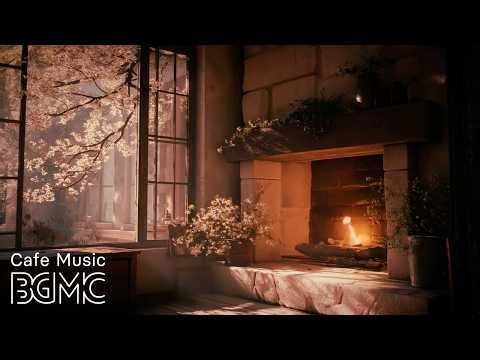4K Spring Fireplace Cafe ☕ Slow Bossa Nova & Crackling Fire for Relaxing, Study