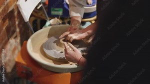 Pottery lesson master class for kids children, process of making clay pot on pottery wheel, potter hands creating ceramic crockery handcrafts, ceramist molding and painting jar or vase