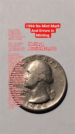 1966 Washington Quarter Sale price (USD) SourceMay 7, 2023 Heritage Auctions PCGS MS-68+$21,000.00