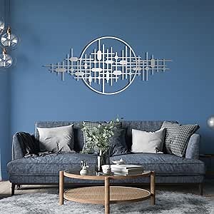 Modern Abstract Metal Wall Art, Geometric Circle Metal Wall Art, Minimalist Line Art Wall Decor, Abstract Wall Sculpture, Mid-Century Decor, Geometric Hanging for Living Room (Silver, 30 x 10 inches / 76 x 25 cm, metal wall art)