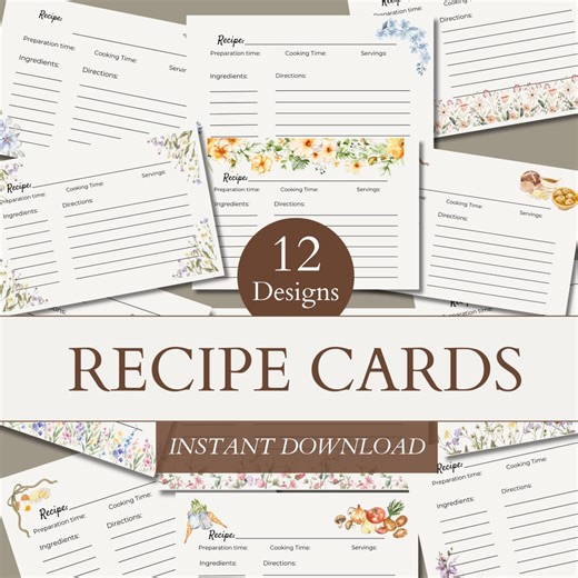 Printable Recipe Card Template Design Floral Border Kitchen Instant Download Editable Cottage Core Family Collection Organization Gift - Etsy