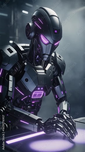 An interrogation room where a humanoid AI robot studies an unknown object on a cold, flickering holographic table