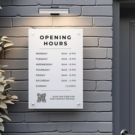 Custom Printed Acrylic Business Hours Sign, Personalised Shop Opening Times, QR Code Signage Plaque, Outdoor Office Sign, Reception, Door - Etsy