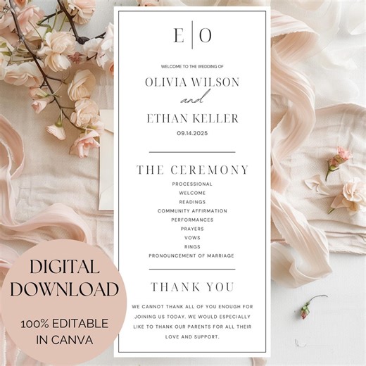Editable Wedding Program Canva Template | Modern Ceremony Program | Printable & Digital Download for Wedding Day - Etsy