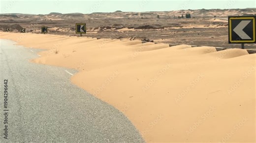Driving by asphalt highway road with sand drifts over concrete barriers in the Desert