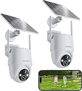 MUBVIEW 2K Solar Security Cameras Wireless Outdoor, 360° PTZ Battery Powered Outdoor Camera, 2.4Ghz WiFi Home Security Camera, Color Night Vision, Motion Detection, 2-Way Audio, 2-Pack