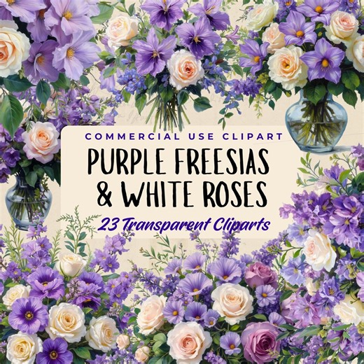 Purple Freesias & White Roses Flower Clipart Transparent Images, Printable Illustration Graphics, Sublimation Craft, Journal Decals, - Etsy