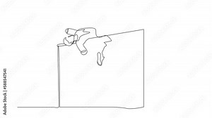 Animated self drawing of continuous one line draw disabled man doing exercise, become champion high jumper. Disability sport, invalid person playing athletic game. Full length single line animation