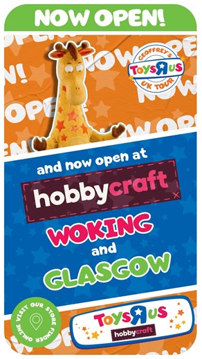 Geoffery’s got big news! 🎉 ToysRUs is now open inside selected Hobbycraft stores across the UK! Today you can find us in Woking and Glasgow East where Geoffrey is ready to say hello 🦒✨ Come along for toys, crafts and plenty of family fun. Bring the family, meet Geoffrey and explore our new in store experience filled with exciting goodies and surprises! And that is not all… Toys R Us at TG Jones has opened in Crowborough, Wimborne, Stafford, Fleet, Nuneaton, Enfield and Bournemouth today too!🎈