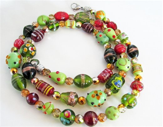Lampwork Red Green Gold Glass Beaded Long Statement Necklace Long Beaded Art Necklace Bumpy Glass Bead Jewelry - Etsy