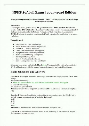 NFHS Softball Exam 20252026 Edition 100 Updated Questions Verified Answers 100 Correct Official Rule