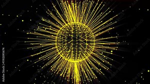 Loopable complex yellow sphere geometry background with a rotating globe. Rotating sphere as a HUD feature. Plexus-style dots and lines that connect