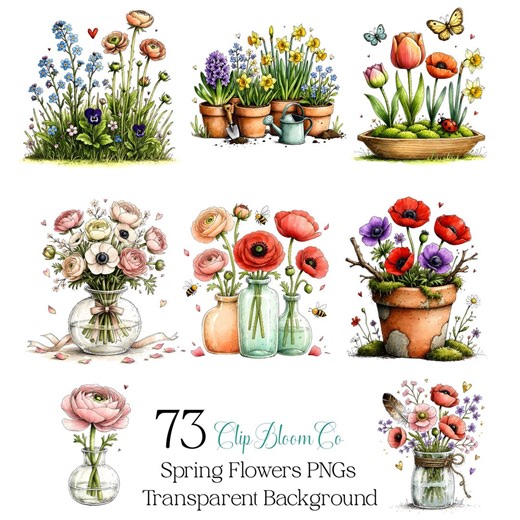 73 Watercolor Spring Flower PNG Bundle Botanical Garden Clipart Transparent Background - Etsy