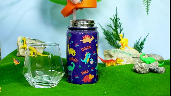 Dinosaur Water Bottle for Boys - Kids Water Bottle with Straw Lid - 12 Oz Insulated Stainless Steel Water Bottles for Kid - Travel Cup for School Sports