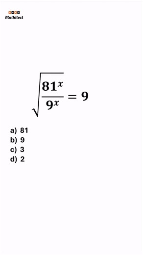 Mathitect on Instagram: "Can you solve this exponent problem? Struggling with exponents? This quick tutorial breaks down a tricky algebra problem step-by-step! Learn how to solve √(81ˣ / 9ˣ) = 9 in just 15 seconds. We use the quotient rule and power rules to find the value of x easily. Perfect for students studying for the SAT, ACT, or GCSE exams! #math #algebra #exponents #mathhelp #mathtrick #learnmath #mathproblem #satmath #gcse #mathtutorial #shorts #reels"