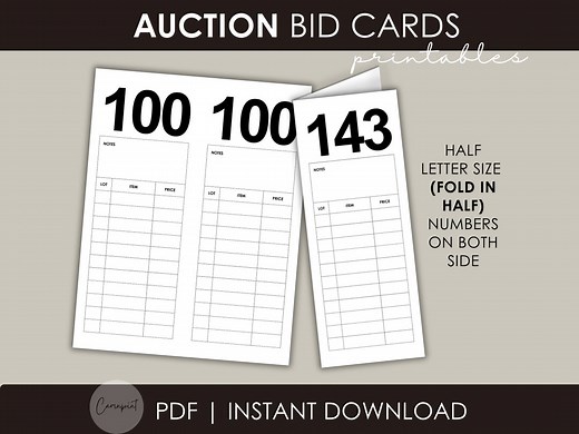 Auction Bid Card Printable Numbered Cards With Notes, Auction Printable for Non-profit / School Auction / Charity and Fundraising Events PDF - Etsy