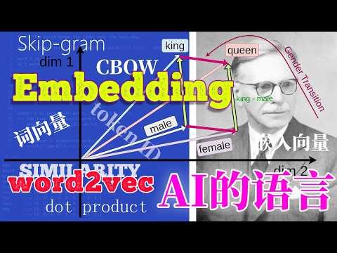 AI的语言 embedding 词向量 NLP必备基础 | word2vec skip-gram CBOW 词嵌入 | 查找表 点积 线性代数 相似性 PMI 共现矩阵 | LLM 语言模型
