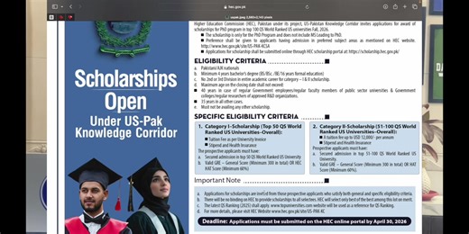 Pak–US Knowledge Corridor Scholarship 2026 | Fully Funded Opportunity The Government of Pakistan, through HEC, has announced the Pak–US Knowledge Corridor Scholarship 2026, offering fully funded PhD scholarships for talented Pakistani students to study at top-ranked universities in the United States. This prestigious program aims to develop high-quality human capital by enabling scholars to pursue advanced research in priority fields at QS World Ranked Universities. Key Benefits: Tuition fee cov