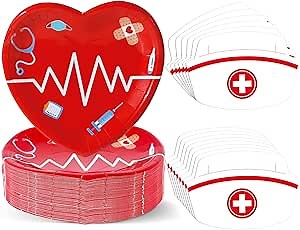 100Pcs Nurse Graduation Paper Plates Napkins Set RN Graduate Party Decorations for Nurses Week Day Doctor Medical School Party Supplies Red Heart Nursing Birthday Disposable Tableware