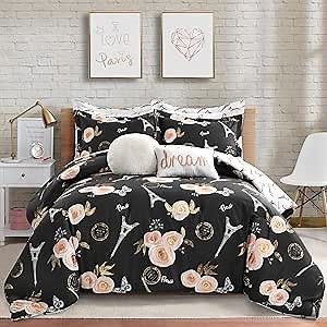 Lush Decor Vintage Paris Rose Butterfly Script Reversible Comforter King Size 7 Piece Set Navy - Black Bedding Set King Comforter - Paris Room Decor