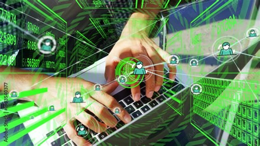 Green HUD circle pulsing while hands typing on laptop keyboard, spawning nodes and mapping links