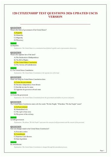 128 CITIZENSHIP TEST QUESTIONS 2026 UPDATED USCIS VERSION Answer sheet