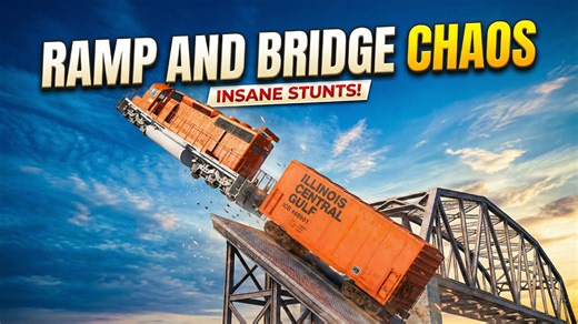 Green limousine bus and orange trains take on impossible obstacles