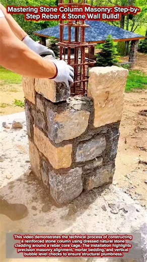 Mastering Stone Column Masonry: Step-by-Step Rebar & Stone Wall Build! 🧱✨