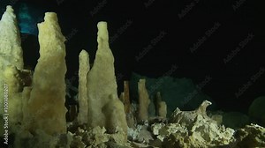 Stalagmites rise from the depths in the waters of Mexican cenotes, showcasing natural underwater formations. Filmed underwater. Check my portfolio for more cenote footage.