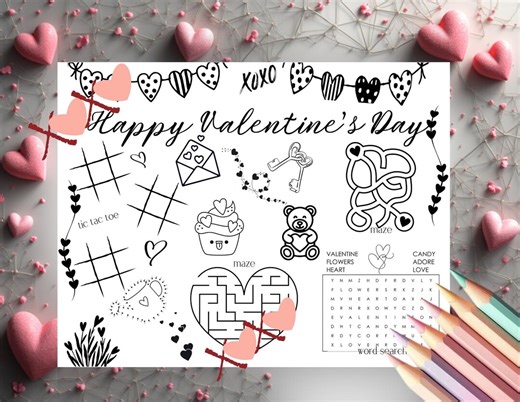 Valentine's Day Activity Placemat | Kids Activity Table Mat | Printable | Instant Download - Etsy