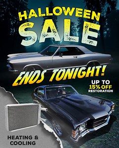 Last Chance! Our Halloween sale ends tonight. Shop OPGI.com to save up to 15% on your restoration parts order. 🎃 #OPGI #ClassicCarRestoration #RestorationParts #CarParts #ClassicCars | Original Parts Group