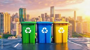 Bins for sorting various types of waste placed in front of a cityscape – AI animation, 4k video Stock Video