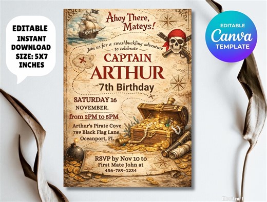 Editable Pirate Map Birthday Invitation, Kids Pirate Party Invite, Ahoy Mateys Pirate Birthday Invitation, Printable Digital Canva Template - Etsy