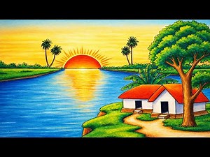 How to Draw Easy River Sunset Village Scenery Drawing for Beginners | Step by Step Easy Art Tutorial