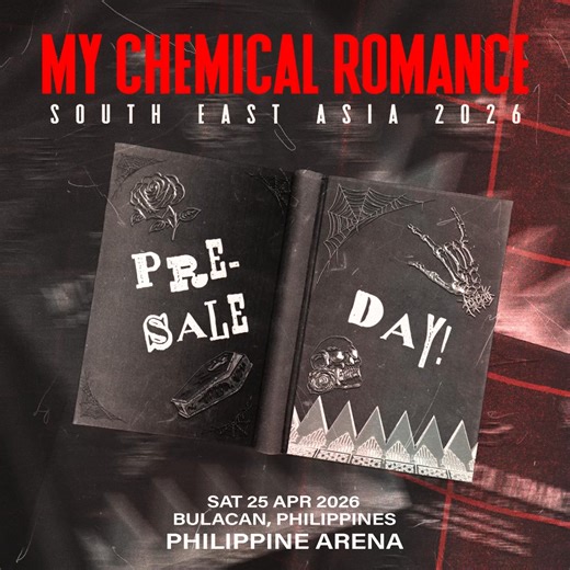 After years of hoping, waiting, and holding onto the songs that shaped us, we finally get the chance to see them again right here on our shores. 🖤 Presale tickets for MY CHEMICAL ROMANCE SOUTH EAST ASIA 2026 TOUR IN BULACAN are officially LIVE! 🎉 🤘 Presale runs today, September 6, 2025, from 12PM–10PM PHT exclusively through pulptickets.com/MCRPH2026presale. This is ONLY for those who registered for presale, so make sure your details are correct when logging in! 🤝 🎟 General Sale starts tomo