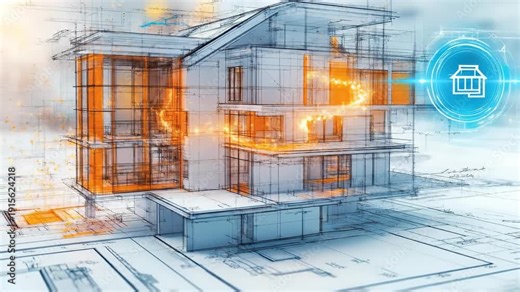 Modern residential architecture, innovative house design, detailed building blueprint, smart home technology system, future property concept, spatial structure with dynamic energy