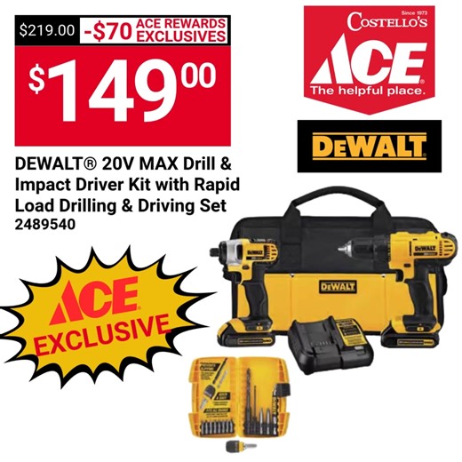 ⚡ Power Your Projects with Dewalt®! ⚡ Ace Rewards Exclusive: Save $70 on the Dewalt® 20V MAX Drill & Impact Driver Kit with Rapid Load Drilling & Driver Set – now just $149.00 at Costello’s Ace Hardware! Perfect for tackling any DIY or home improvement project with ease and precision. Don’t miss this limited-time deal! #CostellosAceHardware #DewaltTools #AceRewardsExclusive #DIYProjects #HomeImprovement #PowerTools #AceDeals | Costello's Ace Hardware