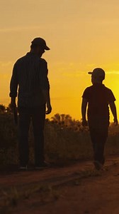 Dad teaches son how to farm, Father, child walk around plantation. Family business, farmers. Farmer father walks with his son in sunflower field. Dad child walks in nature against sun. Happy family.