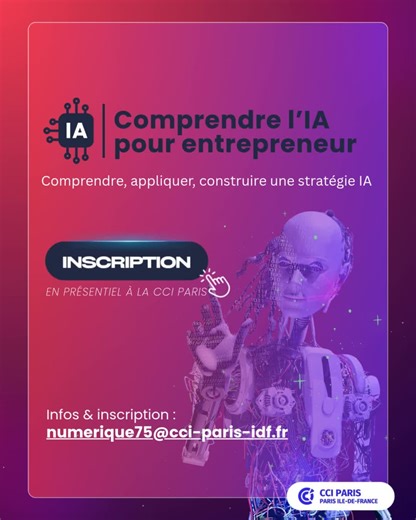 [Formation spécial IA] 🚀 Envie de comprendre enfin comment l’intelligence artificielle peut accélérer la croissance de votre entreprise ? Plus que 10 jours pour vous inscrire à la formation « Comprendre l’IA pour entrepreneur » animée par Notre expert IA Marc Carbonare. 📅 Vendredi 13 février 🕘 9h00 - 17h30 📍 CCI Paris, 2 place de la Bourse, 75002 Paris Au programme : 👉 Découverte des concepts clés de l’IA 👉 Cas d’usage et outils concrets pour TPE/PME 👉 Stratégie et feuille de route IA 👉 