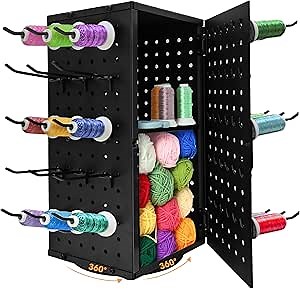 Metal 360° Fully Rotating Thread Rack, Detachable Thread Holder Organizer with Inner Storage Compartments for Sewing, Embroidery, Hair-braiding and Jewelry (Black)
