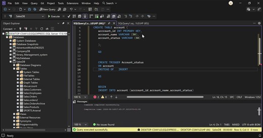 Day 3 of documenting my Data Engineering Journey Today I studied SQL Triggers.But here's where it got interesting.My task was:→ Create a trigger that automatically sets a default Account Status to "Active" before inserting into a tableSimple enough. Until SQL Server stopped me cold.Here's what I discovered:→ MySQL has BEFORE INSERT triggers → SQL Server does NOT support BEFORE INSERT → SQL Server uses INSTEAD OF INSERT → They look similar. They behave very differently.The difference:→ BEFORE INS
