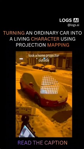 WHEN AI MOVES WE LOG IT on Instagram: "Projection mapping can turn a car into a living character by layering animated light across its surface—making headlights blink like eyes and grilles move like mouths. Using projectors and precise 3D models, visuals are wrapped perfectly around the vehicle’s shape and synced with sound, so the car appears to react, express emotion, and even “speak.” No physical modifications are required—only accurate digital alignment. The process begins by scanning or mod