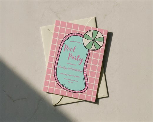 Retro Pool Party Invitation Canva Template | Summer Birthday Pool Party Invite | Swim Party Evite Printable | Girl Whimsical Drawing - Etsy