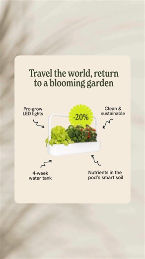 SUMMER SALE: 20% OFF! Plant your Smart Garden pods, enjoy your vacation worry-free. 4-week water tank means fresh herbs waiting when you return home! 🏖️🌱 | Click & Grow