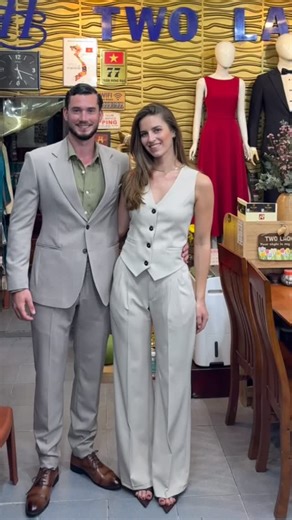 Two Ladies Tailor on Instagram: "Man In suit and Matching set of Women wear @two_ladies_tailor #hoiantailor #twoladiestailor #hoiancustomclothing #hoianancienttown #twoladiestailorhoian #hoiantailor #hoian #danangtailor #tailorhoian #tailormadeclothes #fashion #mensuit"