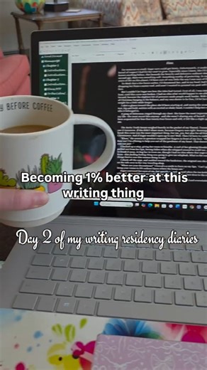 Larissa Antonioni • Romantasy Author • Editor on Instagram: "Day 2 of the writing residency - it was a very full, very human day. I wrote 2,200 words, listened to audiobooks, colored, read, cooked, and actually enjoyed existing for a bit. Also checked on my kid approximately a thousand times (my in-laws are saints… or annoyed). And yes, I did lock myself out of the house, just to keep things interesting. Lesson of the day: slow doesn’t mean unproductive. Rest counts. Living counts. The words sti