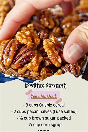 Enjoy the sweet and crunchy delight of Praline Crunch! Pecans and Crispix cereal coated in caramelized glaze create a satisfying treat. Easy to make with simple ingredients, it's perfect for snacking or sharing. Great for any occasion, this treat is sure to please! Ingredients: - 8 cups Crispix cereal - 2 cups pecan halves (I use salted) ...... Full Recipe in Coʍmеոτ 💬 | Recipes Fusion